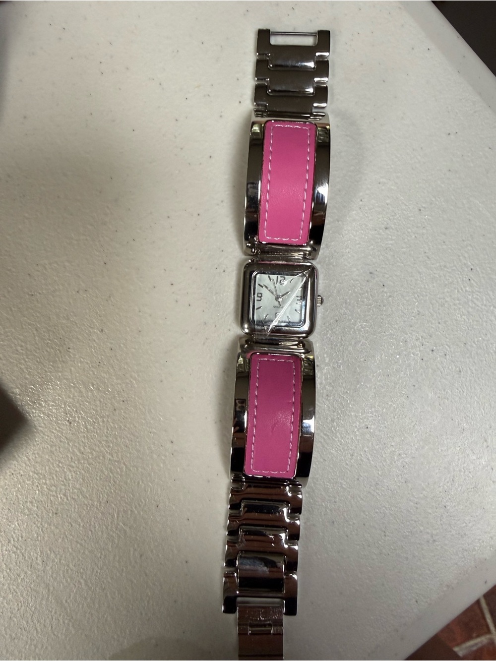 Avon Silver Bracelet Watch with Pink Leather Inset